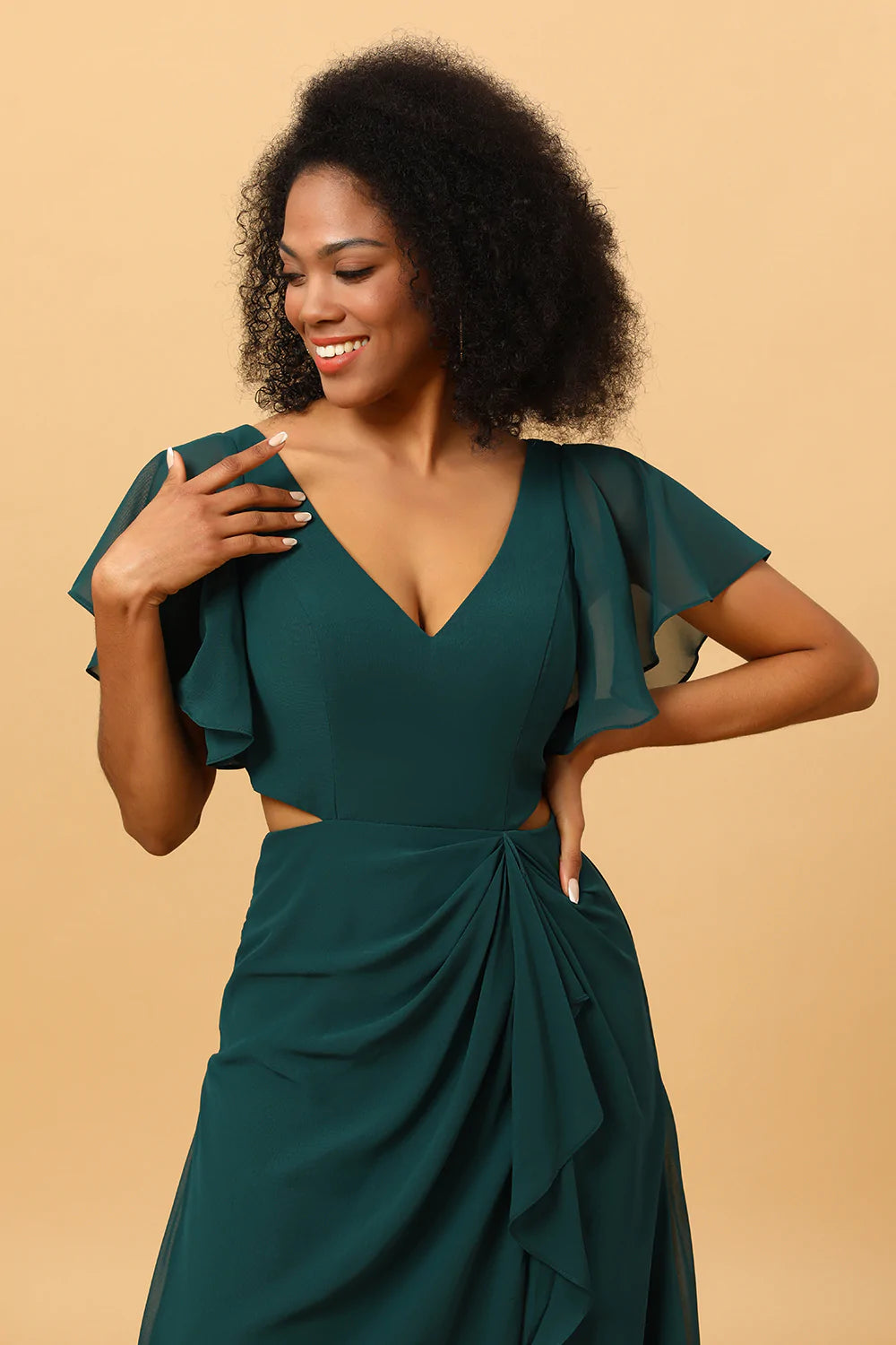 ZAPAKA Femmes Robe de demoiselle d honneur verte Robe de fete de mariage en mousseline de soie creuse avec manches a volants ZAPAKA FR