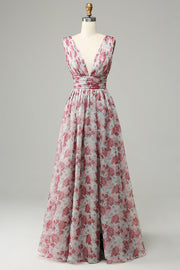 Robe de demoiselle d’honneur longue florale grise et rose