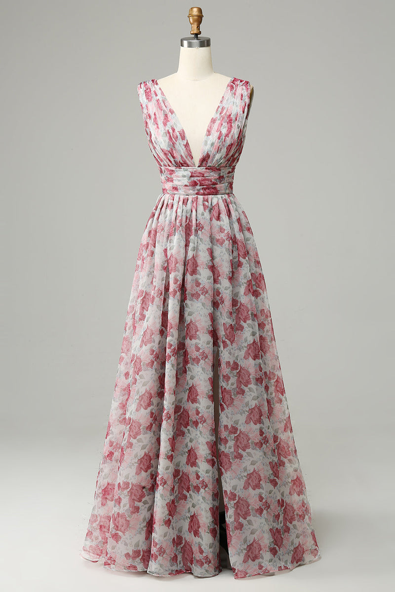 Charger l&#39;image dans la galerie, Robe de demoiselle d’honneur longue florale grise et rose