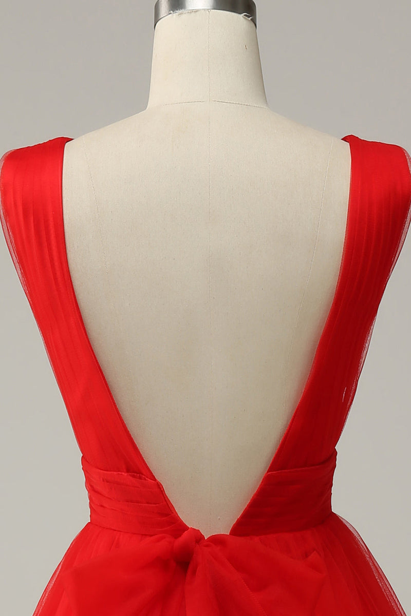 Charger l&#39;image dans la galerie, Rouge Une ligne décolleté en V profond Midi Robe de soirée avec dos ouvert