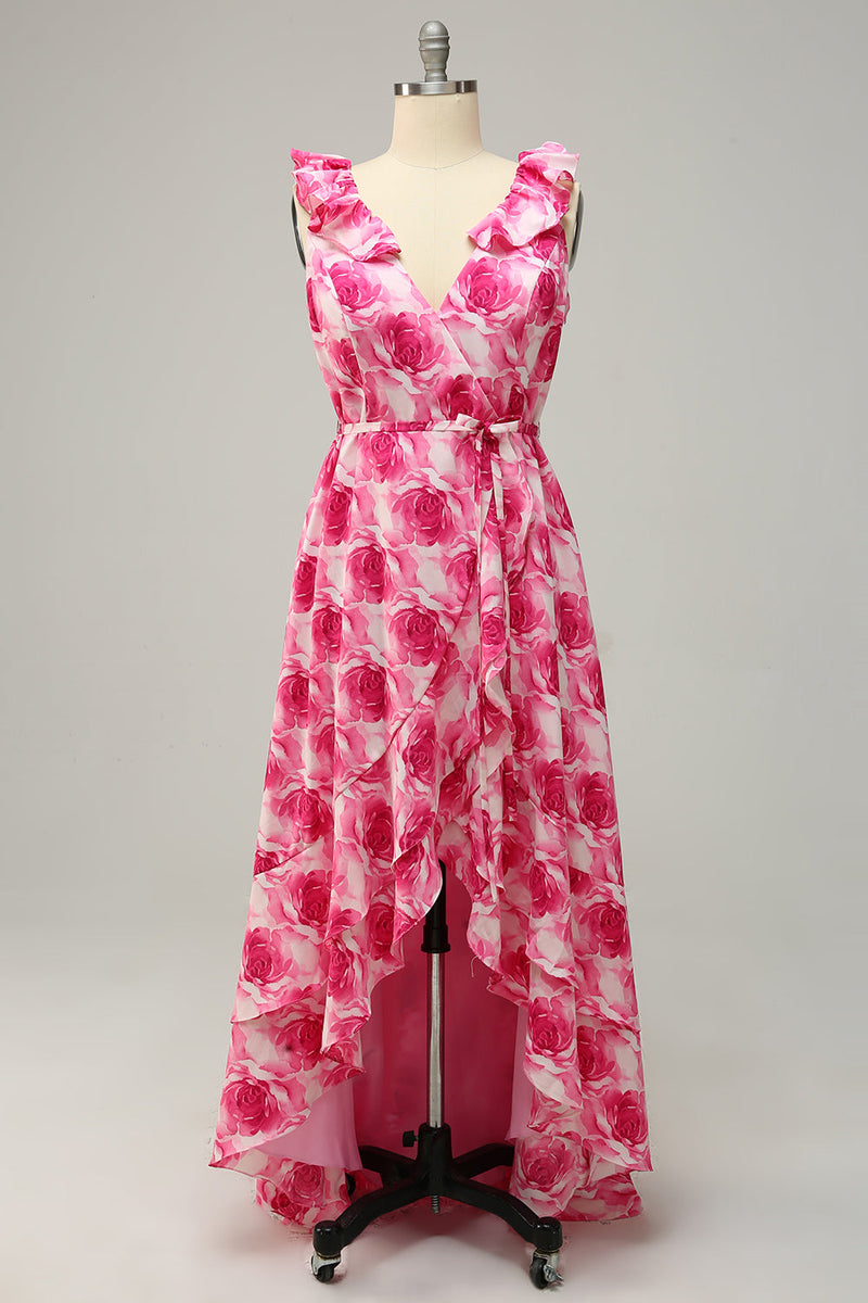 Charger l&#39;image dans la galerie, Plus Taille Haute Fleur Rose Bas Robe de demoiselle d’honneur imprimée avec volants