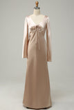 V-Neck Champagne Robe de demoiselle d’honneur longue avec manches