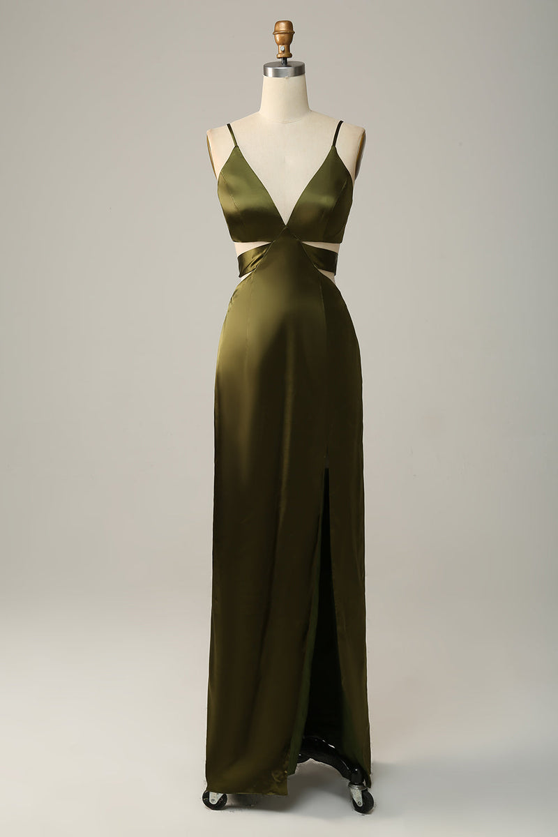 Charger l&#39;image dans la galerie, Sangles spaghetti découpées Olive Long Bridesmaid Dress avec fente