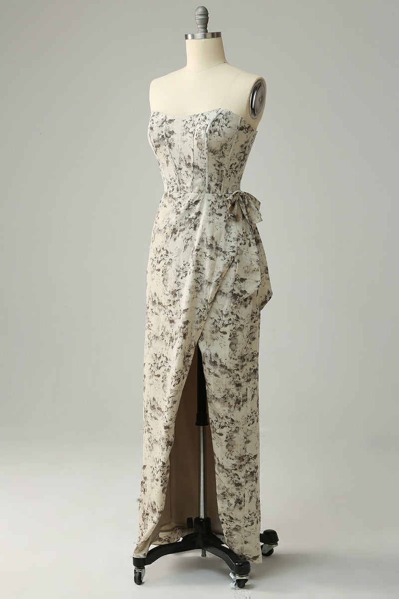 Charger l&#39;image dans la galerie, Fourreau Sweetheart Grey Robe de demoiselle d’honneur imprimée avec ceinture