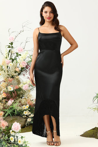 Fourreau Spaghetti Straps Black Tea Length Prom Dress avec nœud papillon