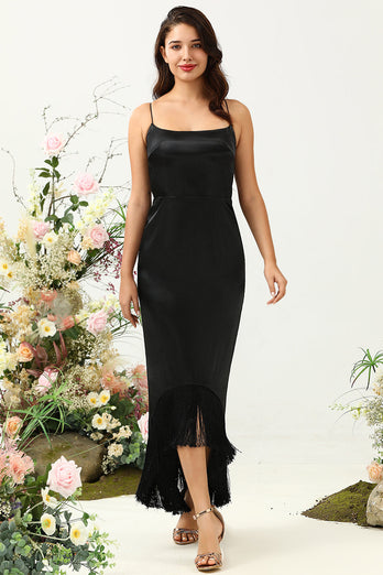 Fourreau Spaghetti Straps Black Tea Length Prom Dress avec nœud papillon