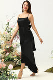 Fourreau Spaghetti Straps Black Tea Length Prom Dress avec nœud papillon