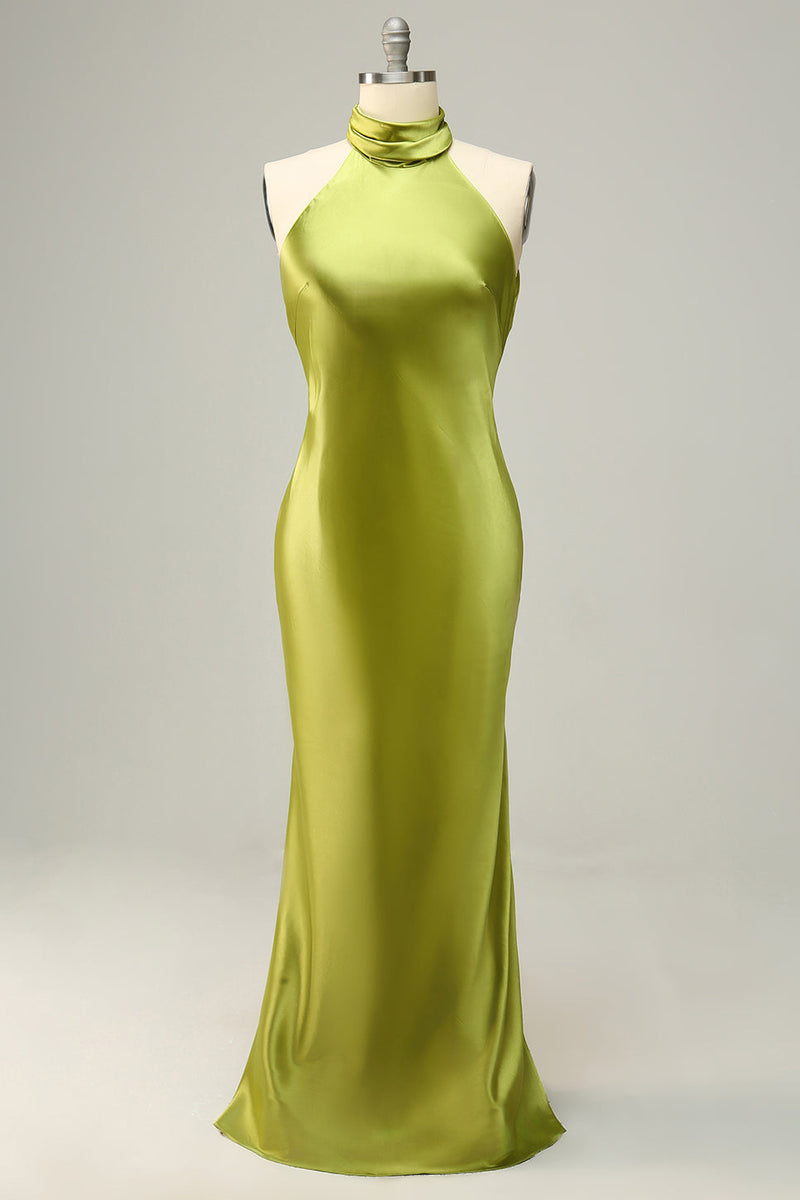 Charger l&#39;image dans la galerie, Halter Open Back Robe de demoiselle d’honneur longue vert citron