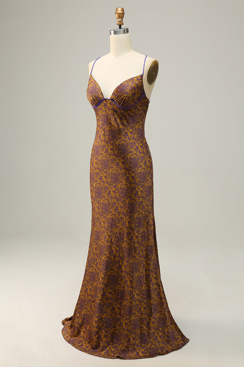 Charger l&#39;image dans la galerie, Robe de demoiselle d’honneur longue marron imprimée de fleurs