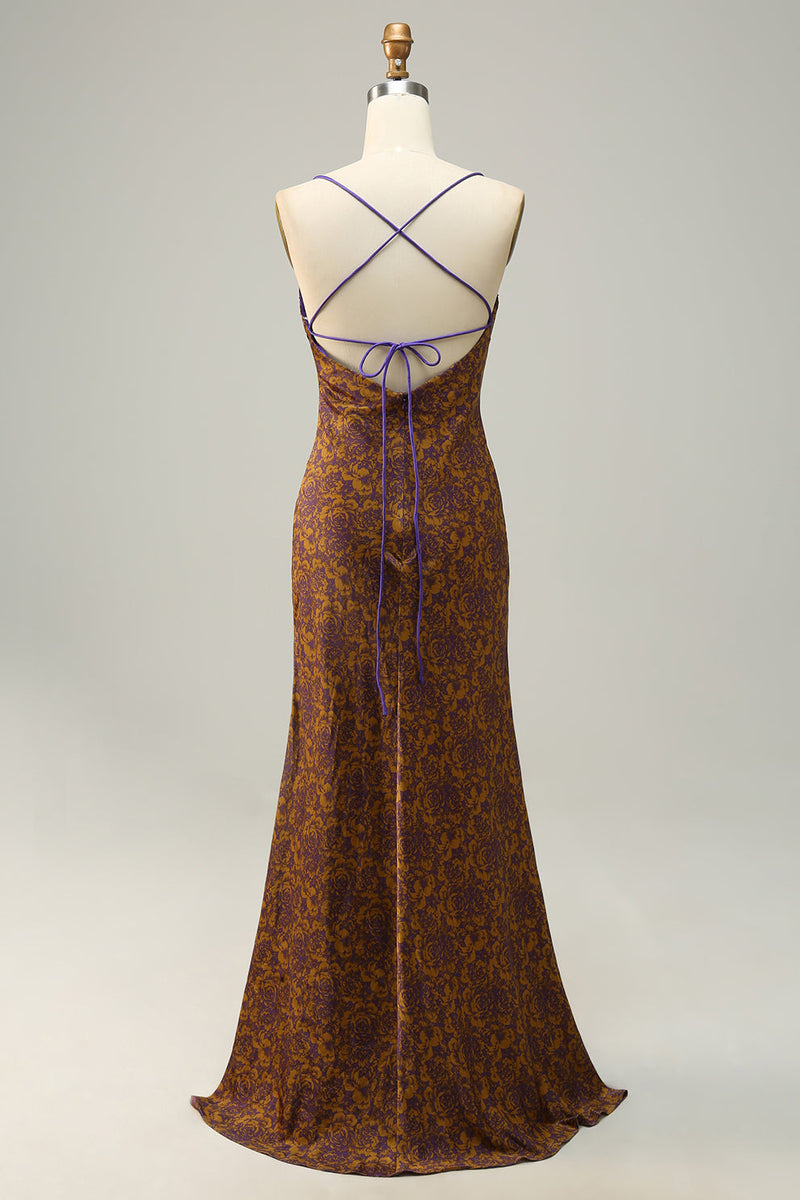 Charger l&#39;image dans la galerie, Robe de demoiselle d’honneur longue marron imprimée de fleurs