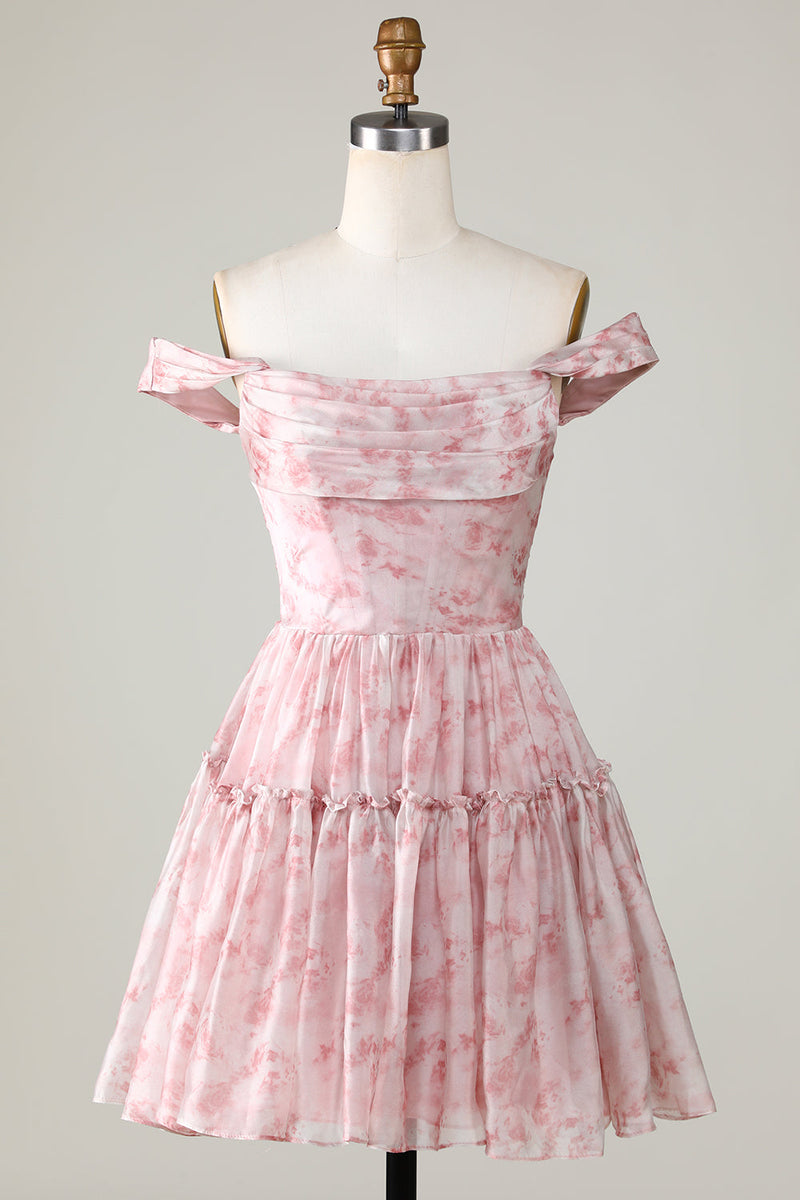 Charger l&#39;image dans la galerie, Une ligne mignonne Blush imprimée robe courte de cocktail à la maison avec des volants