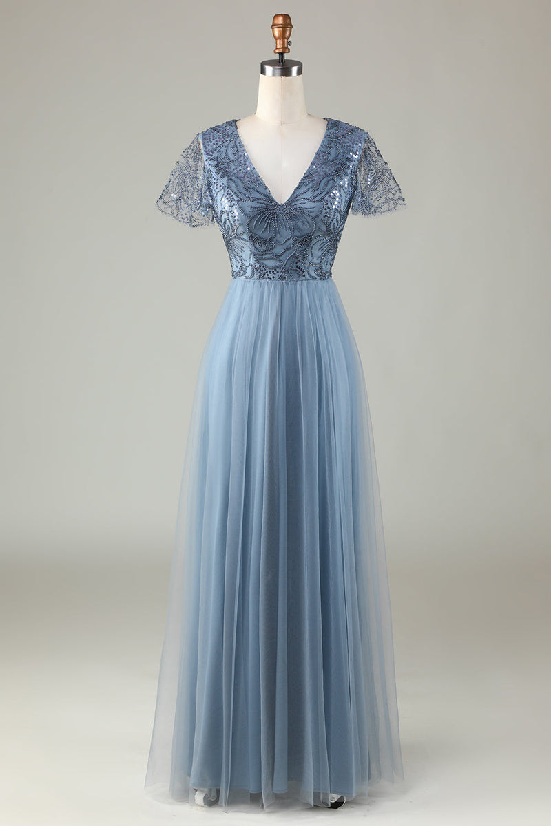 Charger l&#39;image dans la galerie, A-Line Robe de demoiselle d’honneur bleu poussiéreux avec perles