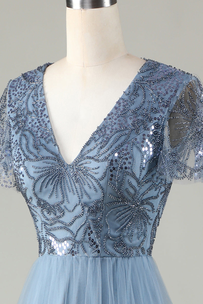 Charger l&#39;image dans la galerie, A-Line Robe de demoiselle d’honneur bleu poussiéreux avec perles