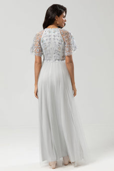 Classic Elegance A-Line Jewel Neck Gris Robe de demoiselle d’honneur longue avec manches courtes