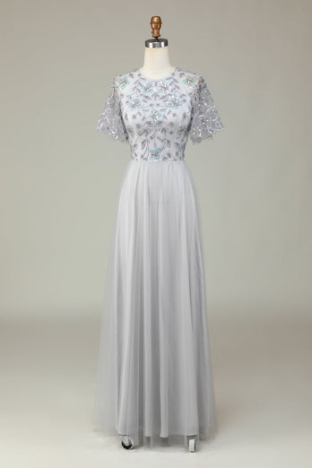Classic Elegance A-Line Jewel Neck Gris Robe de demoiselle d’honneur longue avec manches courtes