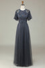 Charger l&#39;image dans la galerie, Classic Elegance A-Line Jewel Neck Gris Robe de demoiselle d’honneur longue avec manches courtes