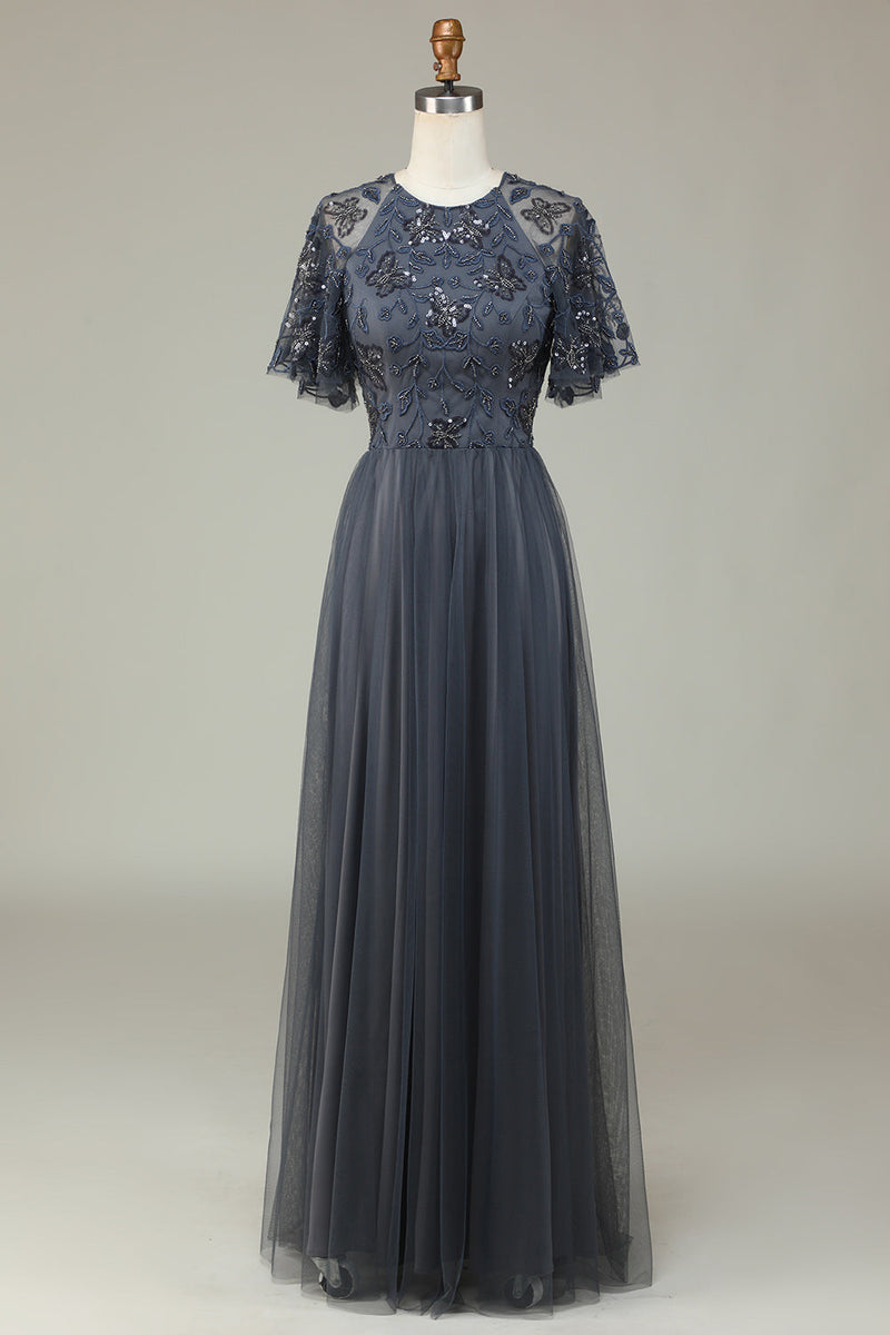 Charger l&#39;image dans la galerie, Classic Elegance A-Line Jewel Neck Gris Robe de demoiselle d’honneur longue avec manches courtes