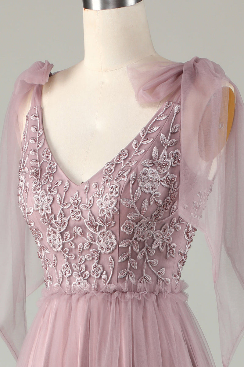 Charger l&#39;image dans la galerie, Tulle V-Neck Robe de demoiselle d’honneur rose poussiéreuse avec perles