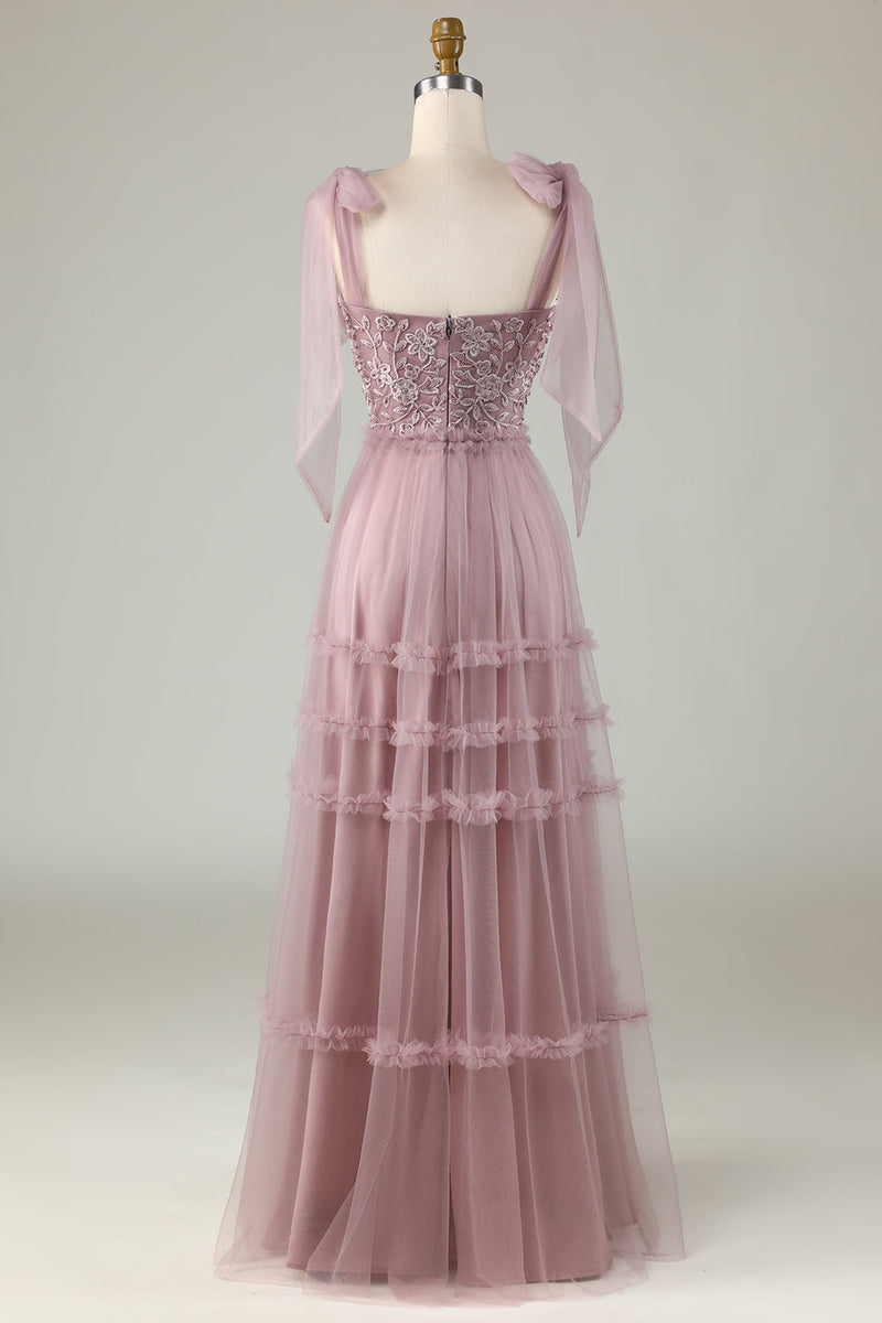 Charger l&#39;image dans la galerie, Tulle V-Neck Robe de demoiselle d’honneur rose poussiéreuse avec perles