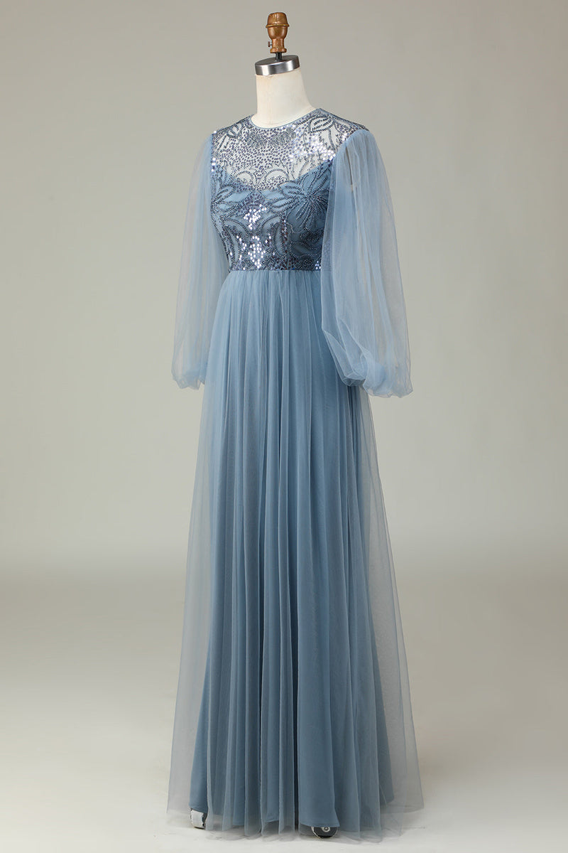 Charger l&#39;image dans la galerie, Une ligne gris bleu paillettes manches longues robe demoiselle d’honneur