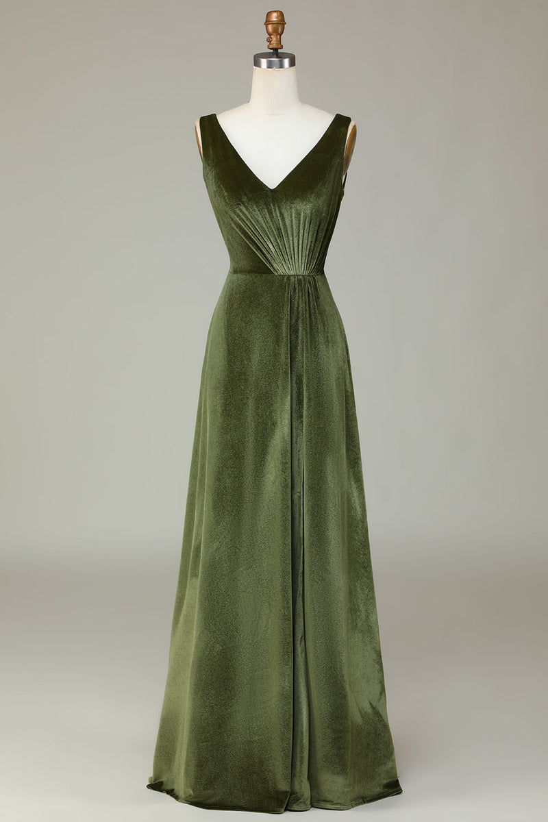 Charger l&#39;image dans la galerie, V-Neck Sans manches A Line Robe de demoiselle d’honneur en velours olive avec fente