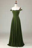 A-Line Off The Shoulder Robe de demoiselle d’honneur olive avec fente