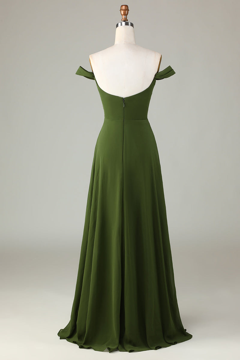 Charger l&#39;image dans la galerie, A-Line Off The Shoulder Robe de demoiselle d’honneur olive avec fente