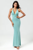 Robe de demoiselle d’honneur longue verte de sirène Halter avec col en V