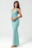 Robe de demoiselle d’honneur longue verte de sirène Halter avec col en V