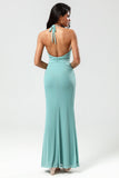 Robe de demoiselle d’honneur longue verte de sirène Halter avec col en V