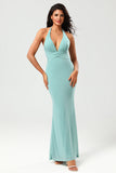 Robe de demoiselle d’honneur longue verte de sirène Halter avec col en V