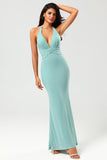 Robe de demoiselle d’honneur longue verte de sirène Halter avec col en V