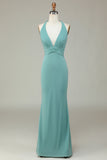 Robe de demoiselle d’honneur longue verte de sirène Halter avec col en V