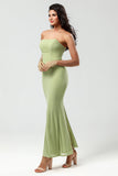 Robe de demoiselle d’honneur longue vert sirène sans bretelles