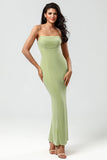 Robe de demoiselle d’honneur longue vert sirène sans bretelles