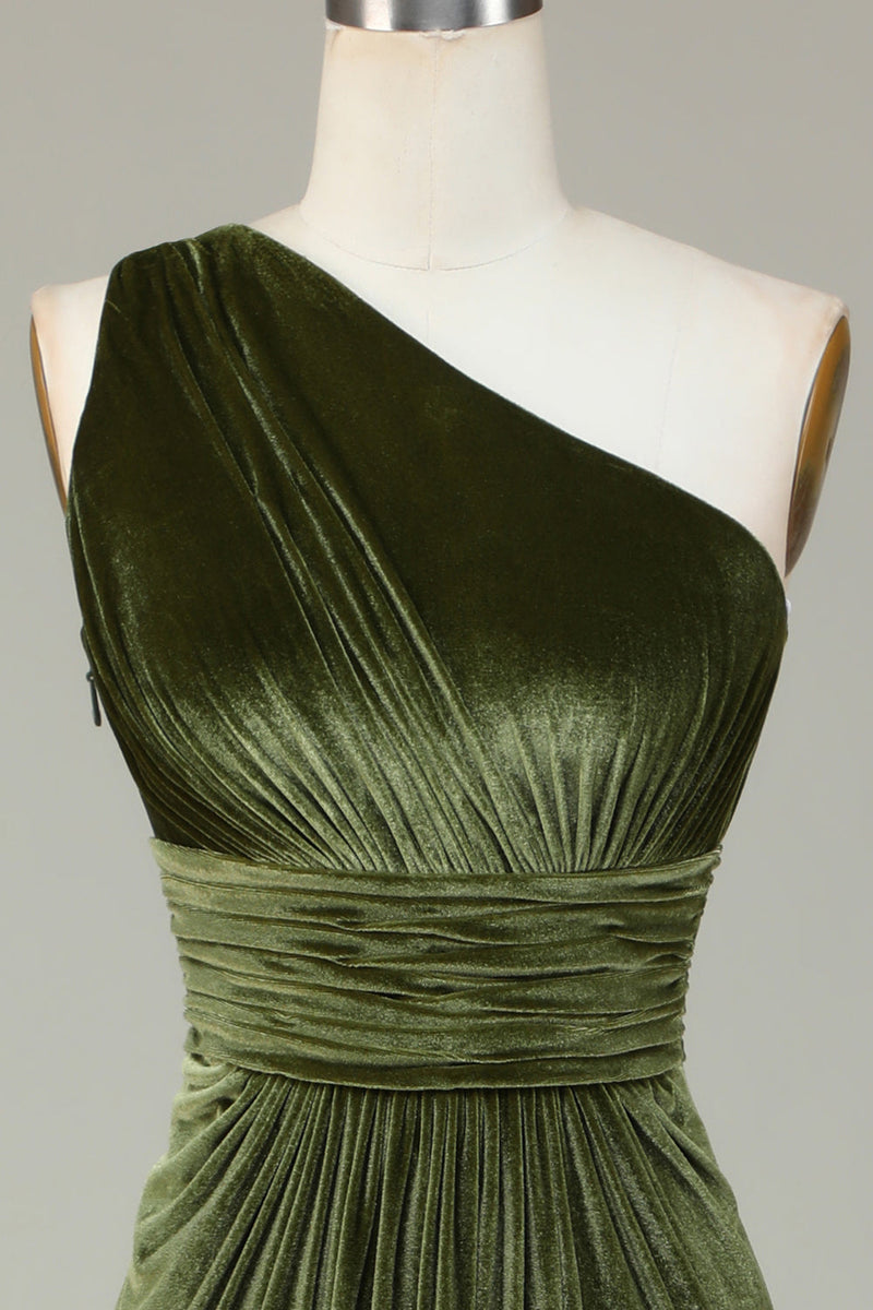 Charger l&#39;image dans la galerie, Velvet One Shoulder Robe de demoiselle d’honneur olive