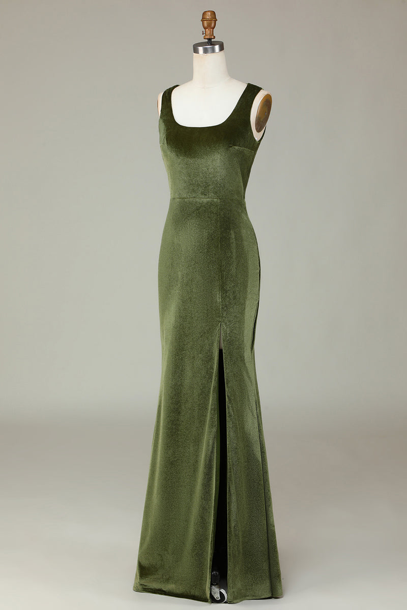 Charger l&#39;image dans la galerie, Sirène de velours Robe de demoiselle d’honneur olive avec fente