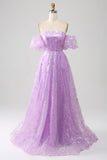 Robe de Soirée longue à paillettes scintillantes sans bretelles lilas A Line