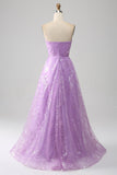 Robe de Soirée longue à paillettes scintillantes sans bretelles lilas A Line