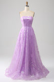 Robe de Soirée longue à paillettes scintillantes sans bretelles lilas A Line