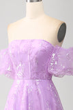 Robe de Soirée longue à paillettes scintillantes sans bretelles lilas A Line