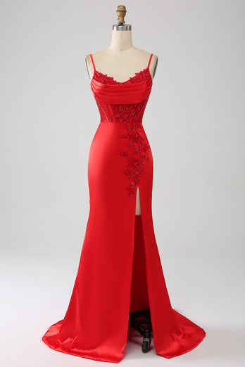 Satin sirène perlé robe de soirée rouge avec fente