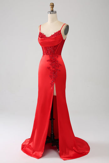 Satin sirène perlé robe de soirée rouge avec fente