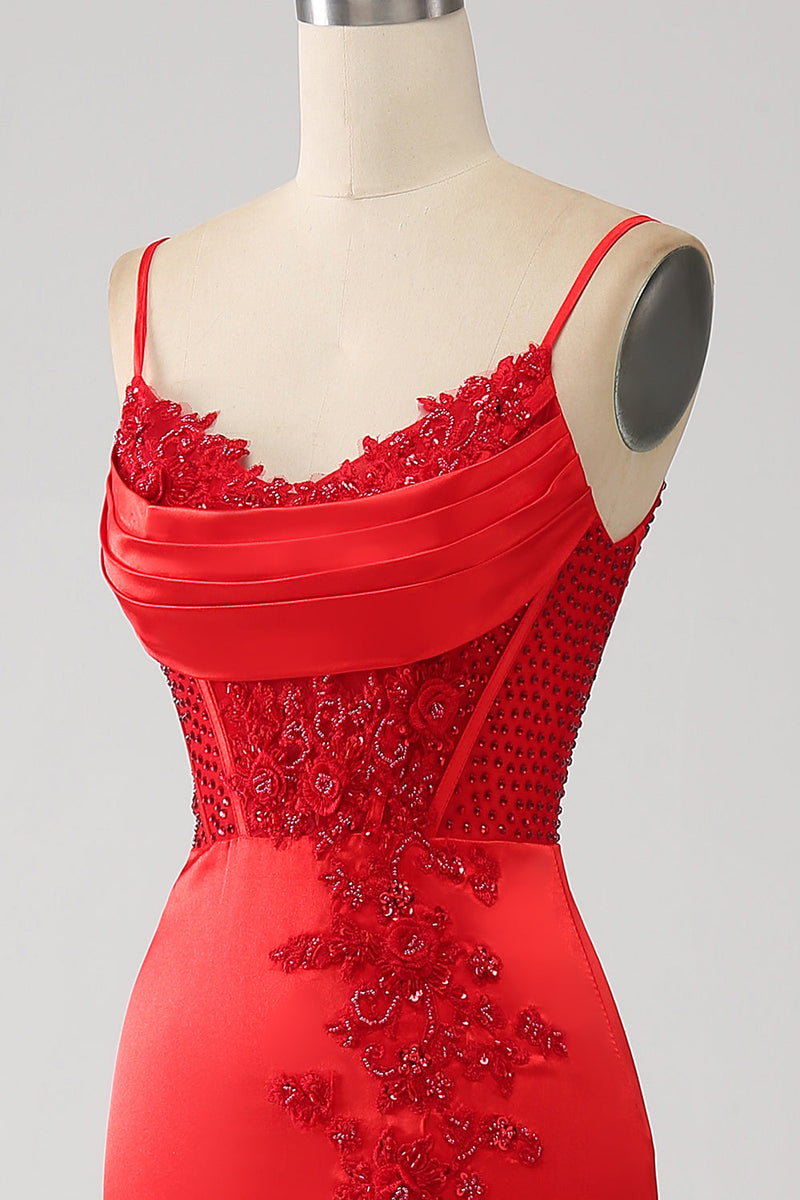 Charger l&#39;image dans la galerie, Satin sirène perlé robe de soirée rouge avec fente