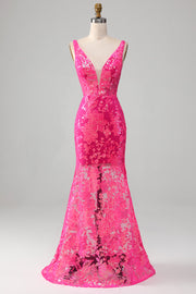 Robe de Soirée sirène fuchsia avec paillettes