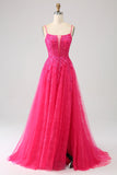 Robe de soirée longue en dentelle corset trapèze fuchsia avec fente