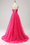 Robe de soirée longue en dentelle corset trapèze fuchsia avec fente