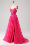 Robe de soirée longue en dentelle corset trapèze fuchsia avec fente