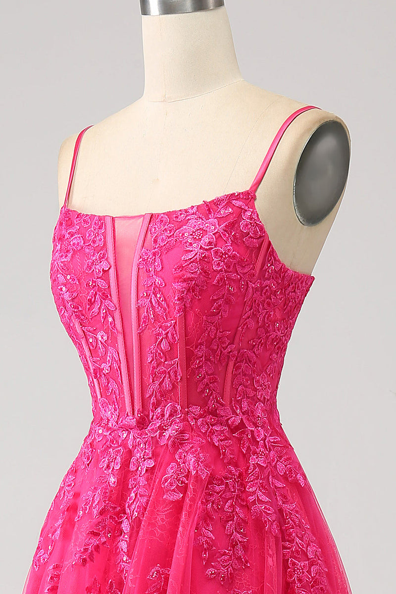 Charger l&#39;image dans la galerie, Robe de soirée longue en dentelle corset trapèze fuchsia avec fente