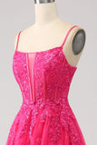 Robe de soirée longue en dentelle corset trapèze fuchsia avec fente